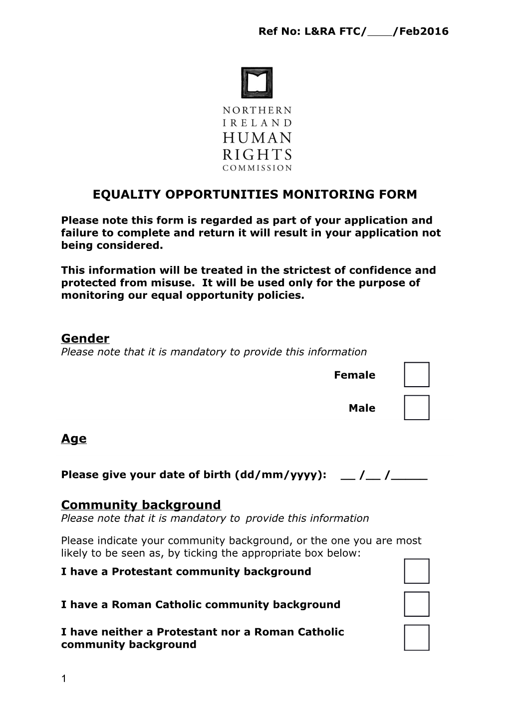 Equality Opportunities Monitoring Form