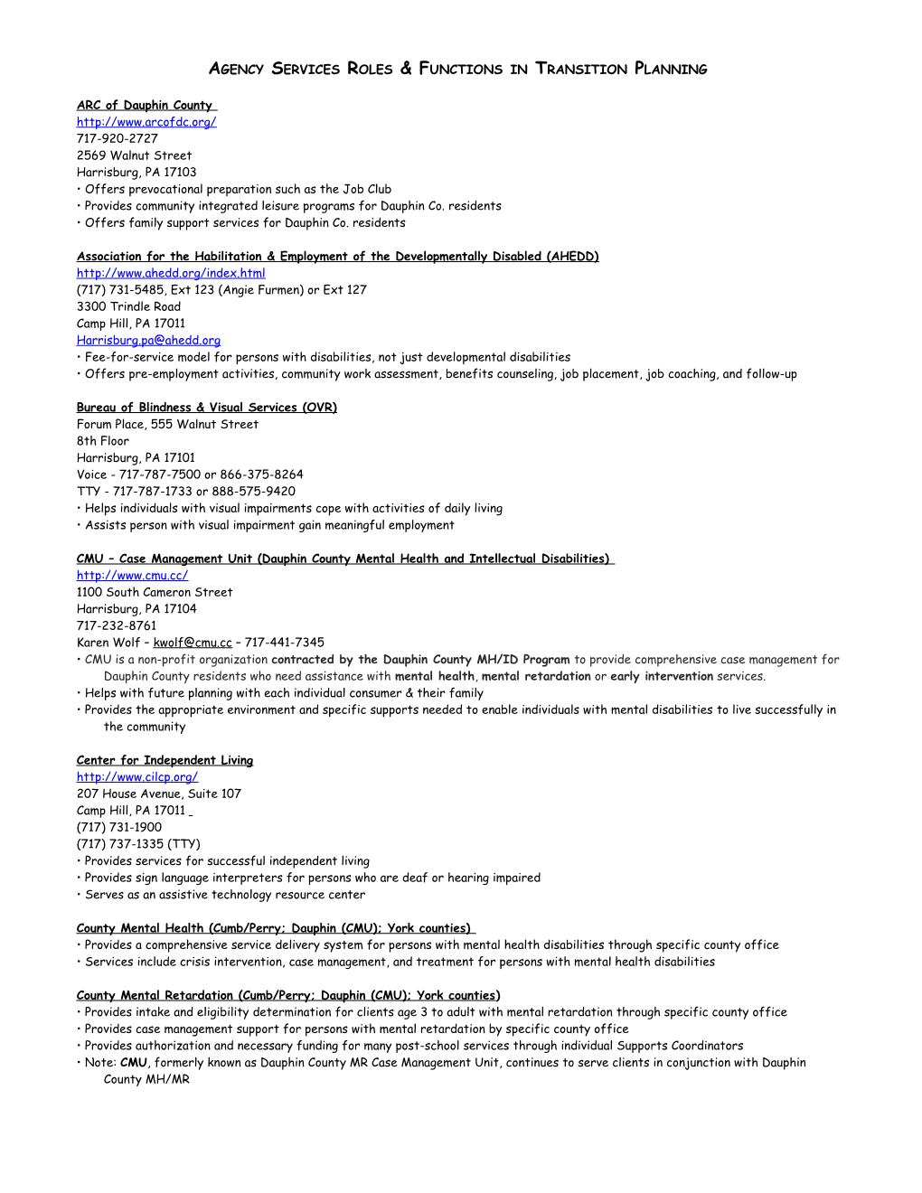 Agency Services Roles & Functions in Transition Planning