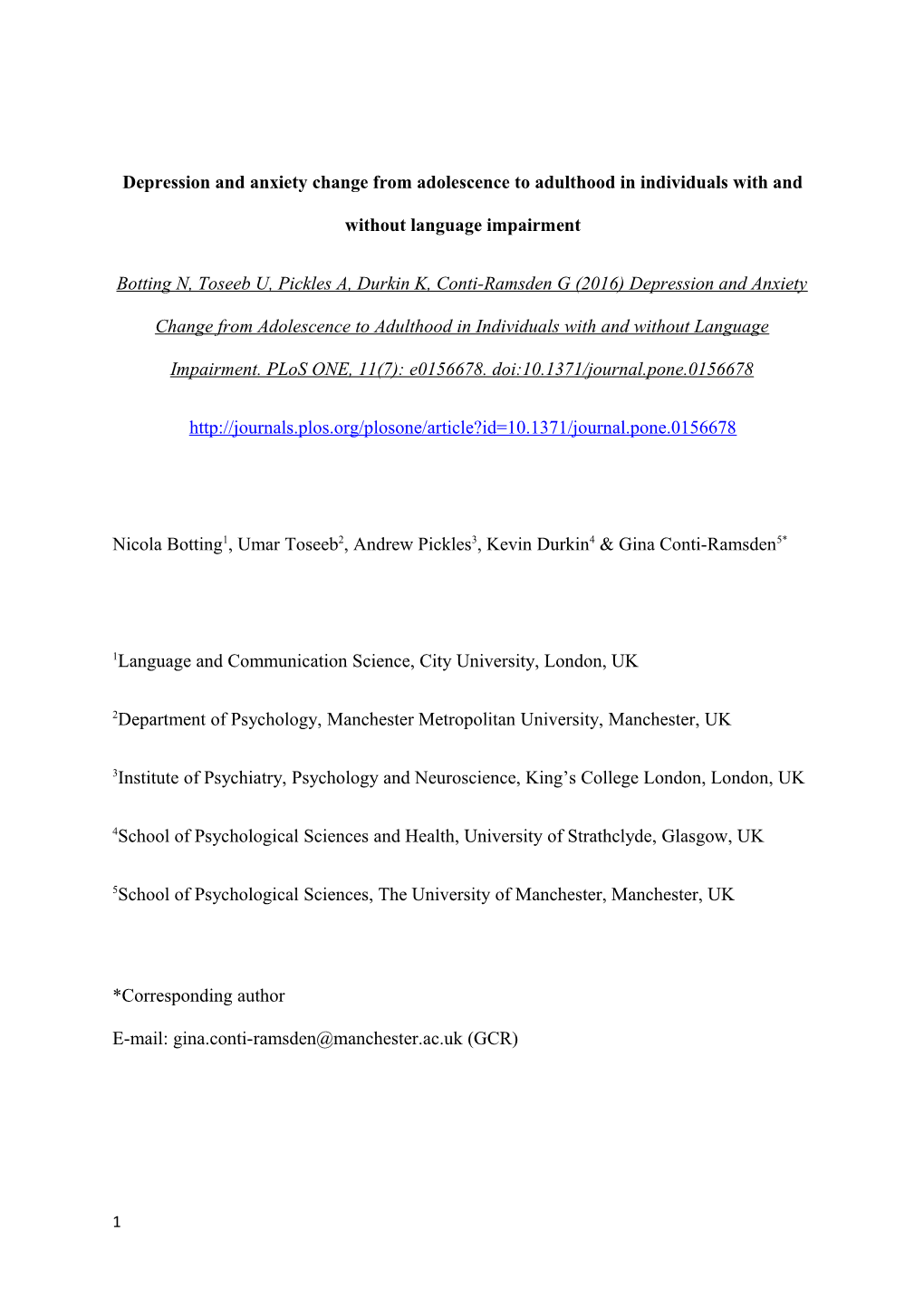 Depression and Anxiety from Adolescence to Adulthood in Individuals with Language Impairment