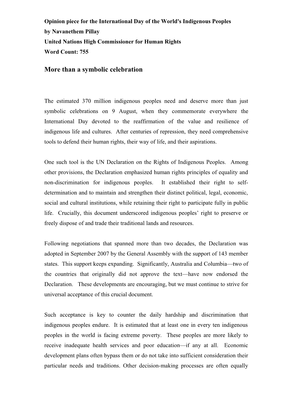 Op-Ed by UN High Commissioner for Human Righst, Navi Pillay for International Indigenous Day