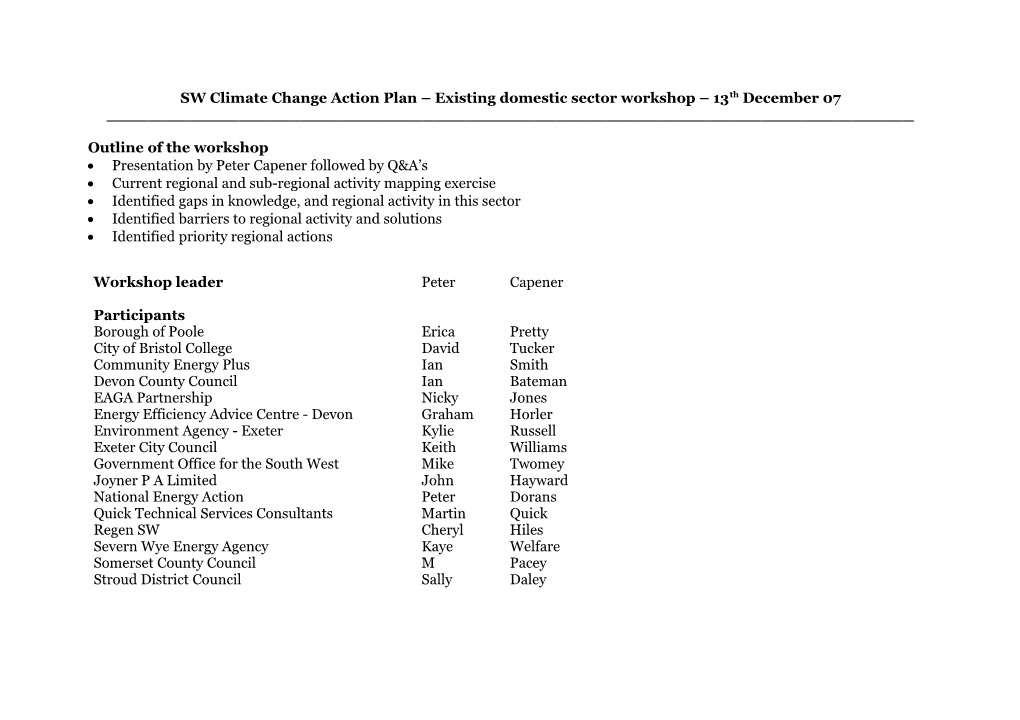 SW Climate Change Action Plan Existing Domestic Sector Workshop 13Th December 07