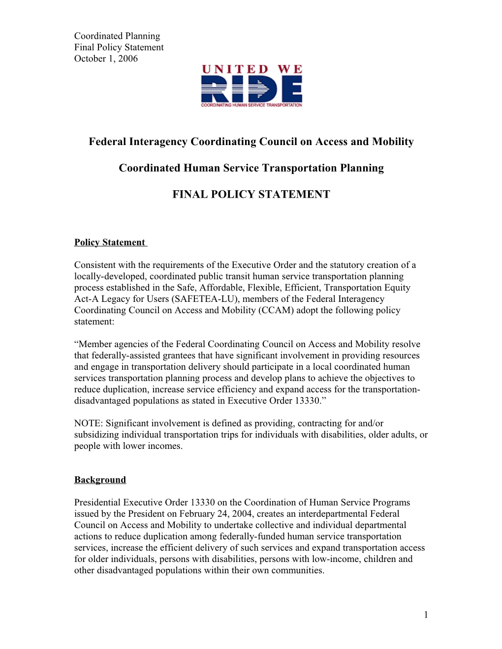 Policy on Coordinated Public Transit/Human Service Transportation Planning