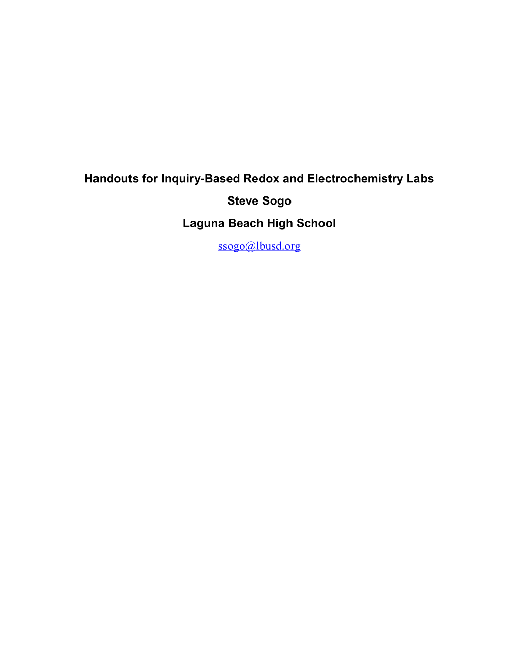 Handouts for Inquiry-Based Redox and Electrochemistry Labs