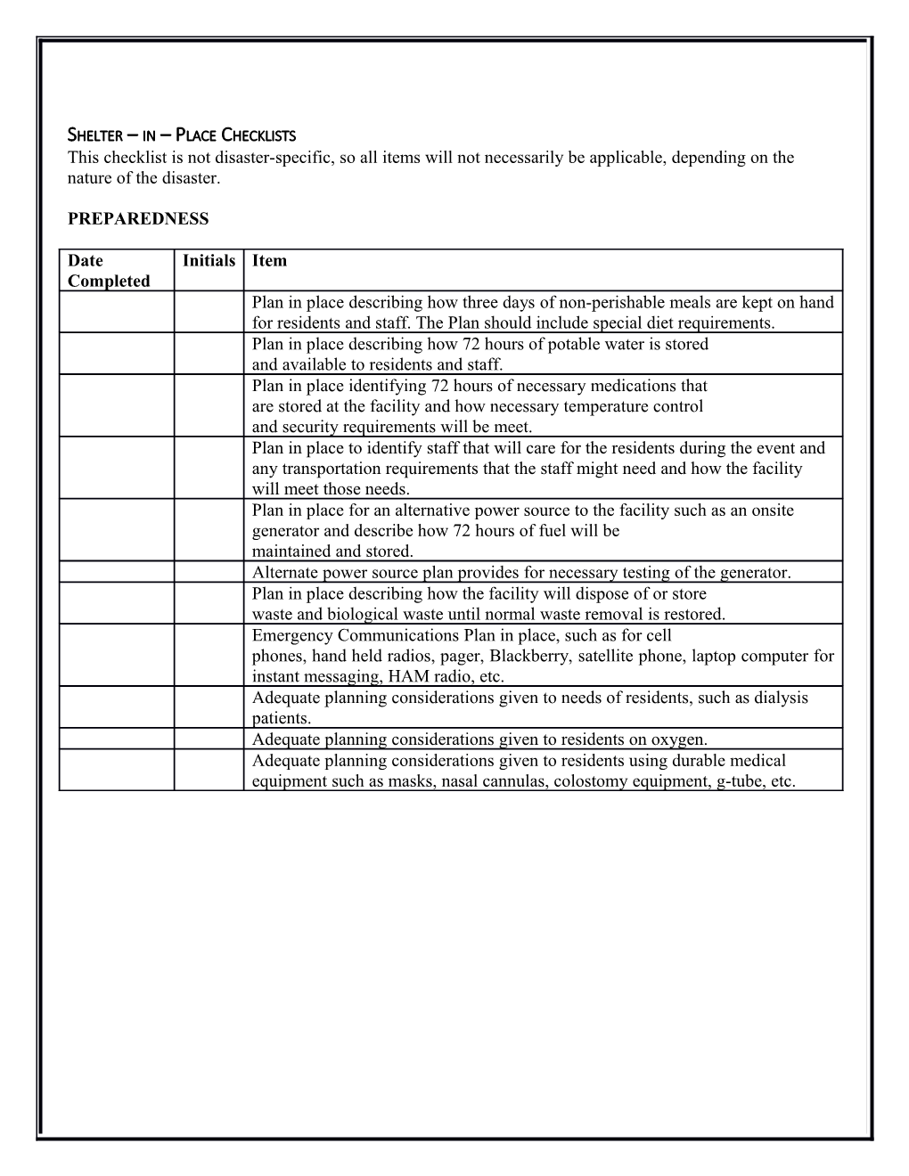 Shelter in Place Supply and Equipment Checklist