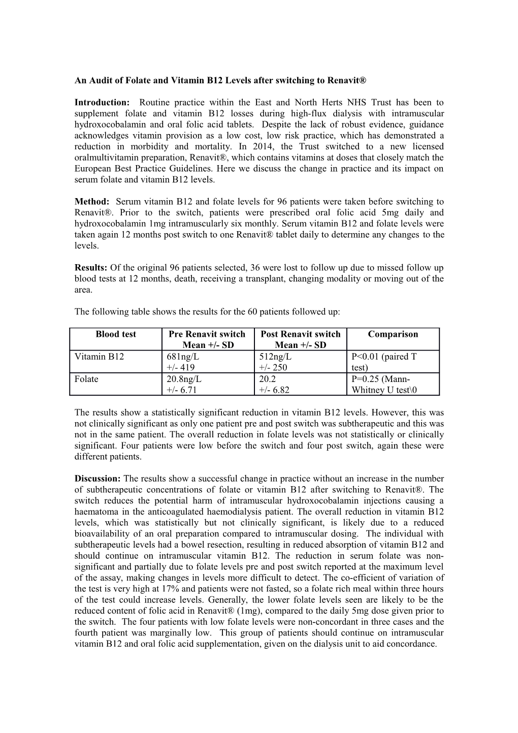 An Audit of Folate and Vitamin B12 Levels After Switching to Renavit