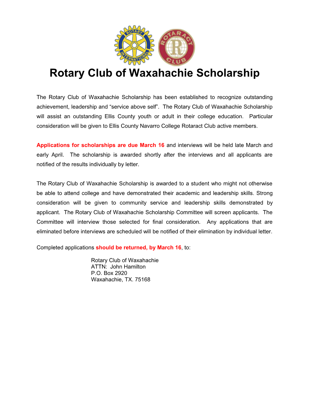 Rotary Club of Waxahachie Scholarship