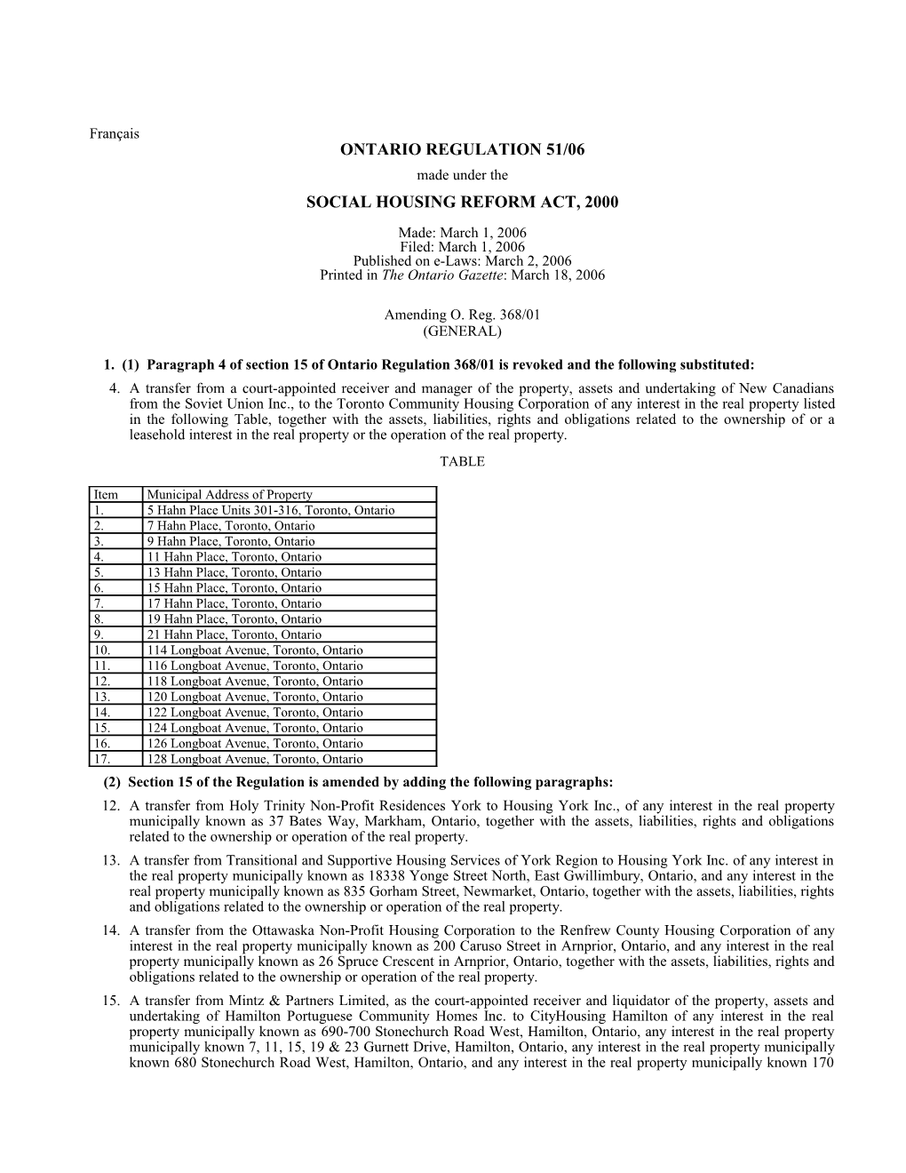 SOCIAL HOUSING REFORM ACT, 2000 - O. Reg. 51/06