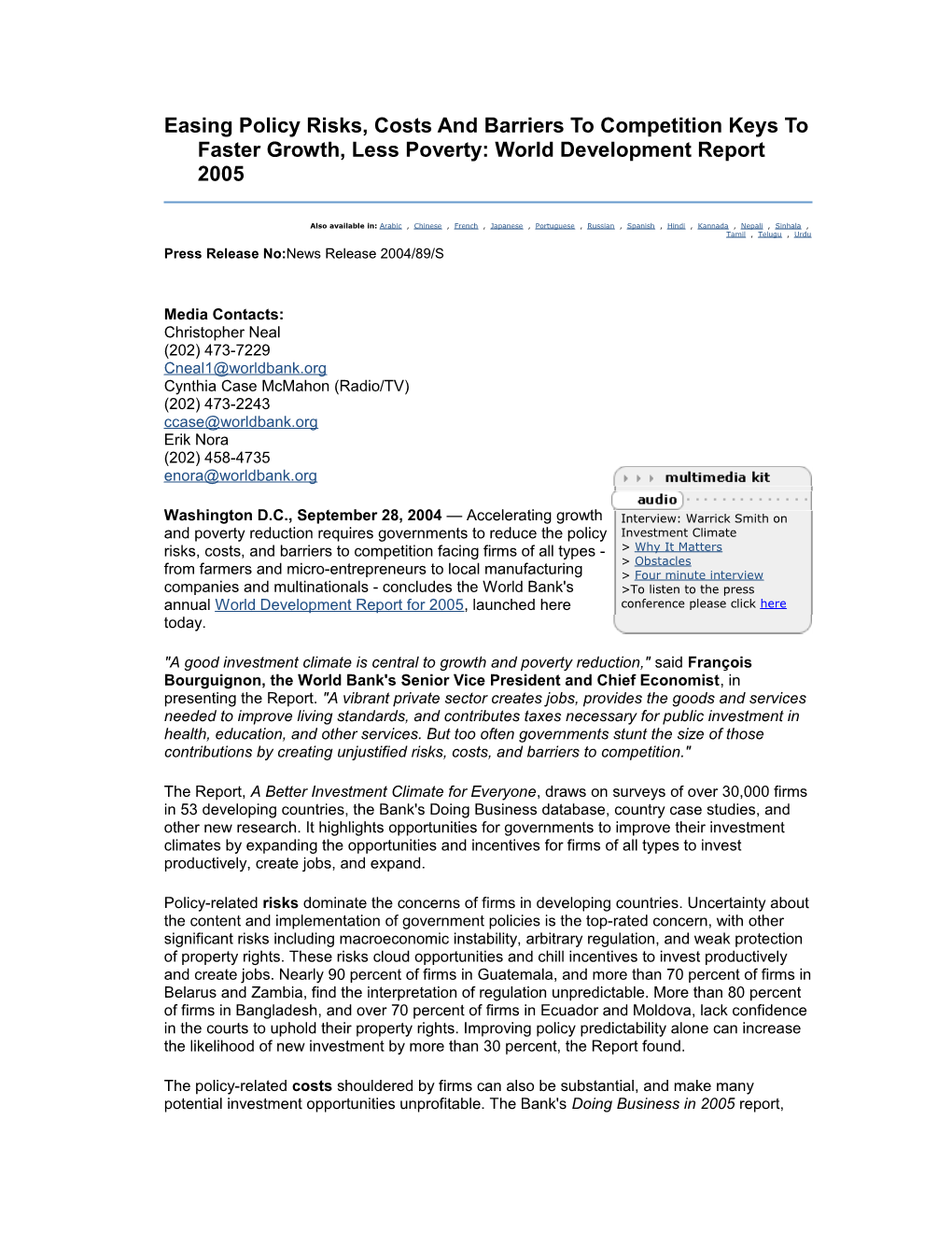 Easing Policy Risks, Costs and Barriers to Competition Keys to Faster Growth, Less Poverty