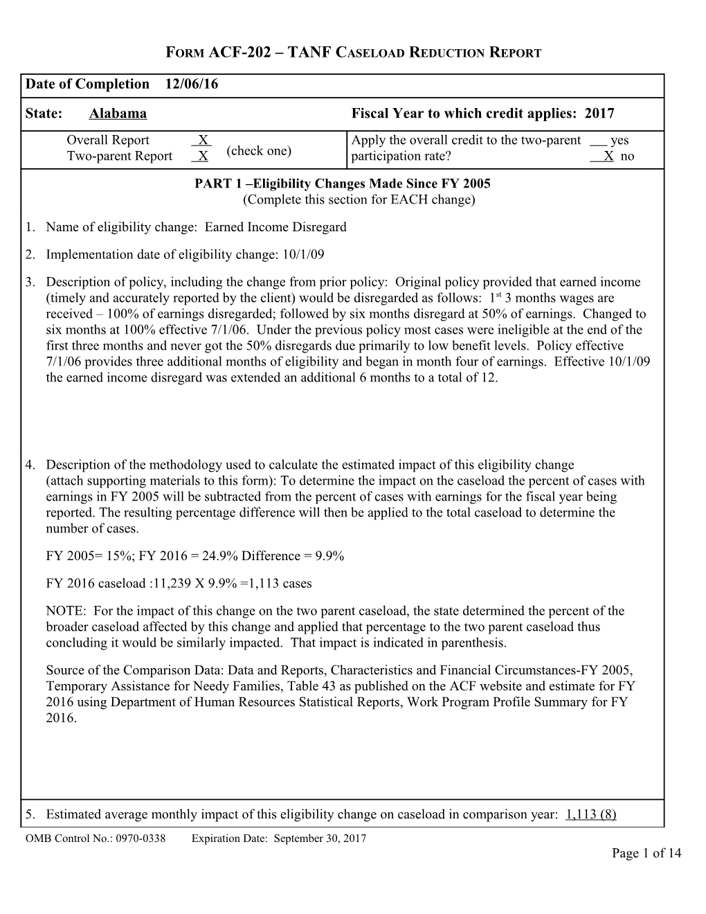 Form ACF-202 TANF Caseload Reduction Report