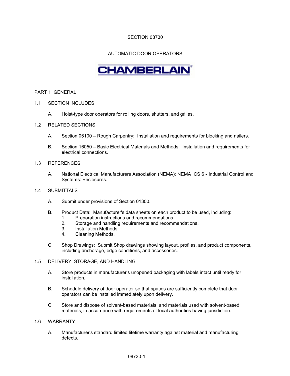 Section 08730 - Automatic Door Operators