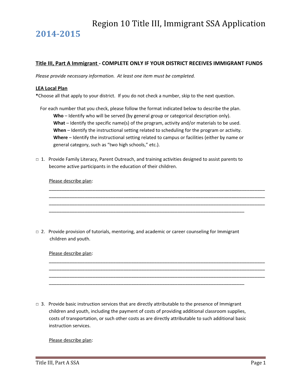 Region 10 Title III, Immigrant SSA Application