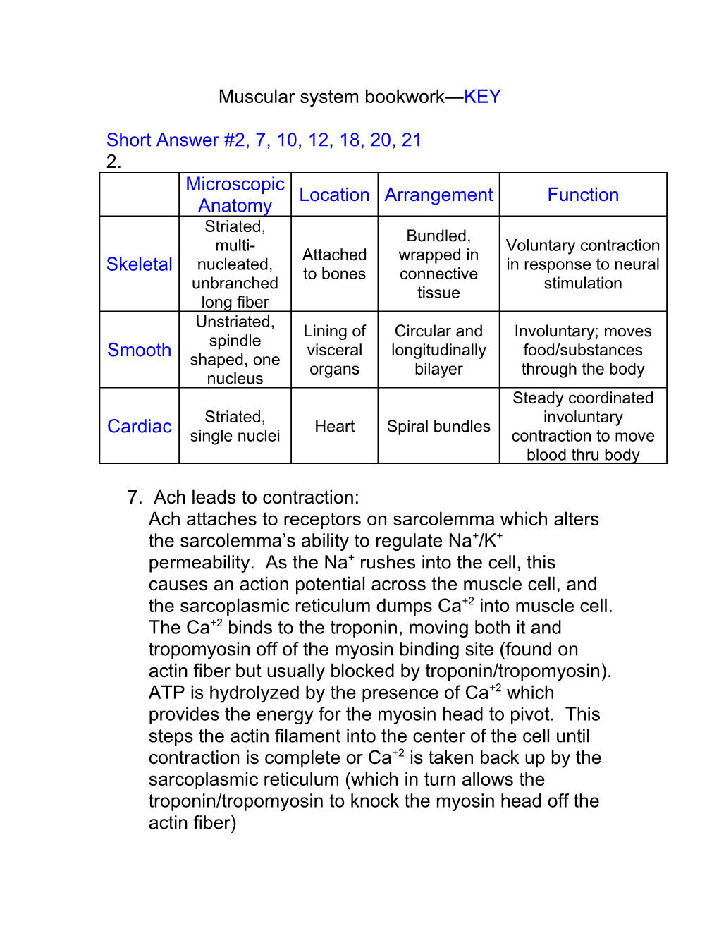 Muscular System Bookwork KEY