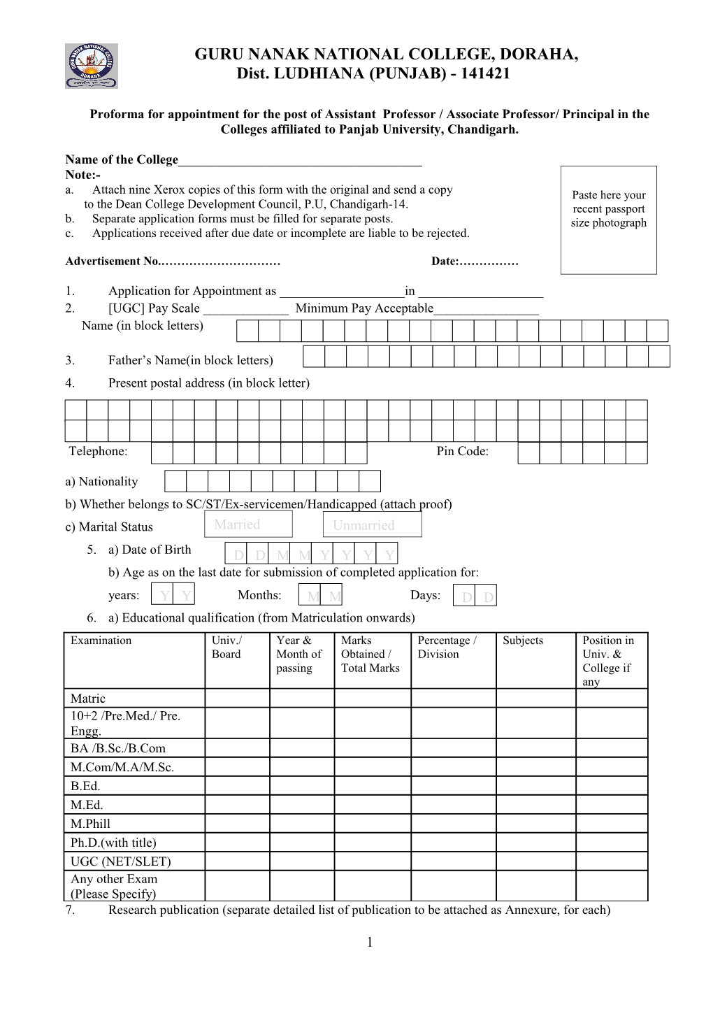 Proforma for Appointment for the Post of Assistant Professor / Associate Professor/ Principal