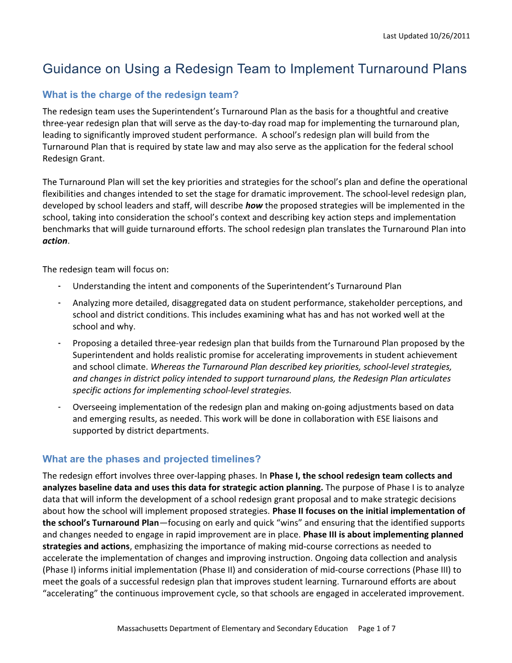 Guidance on Using a Redesign Team to Implement Turnaround Plans
