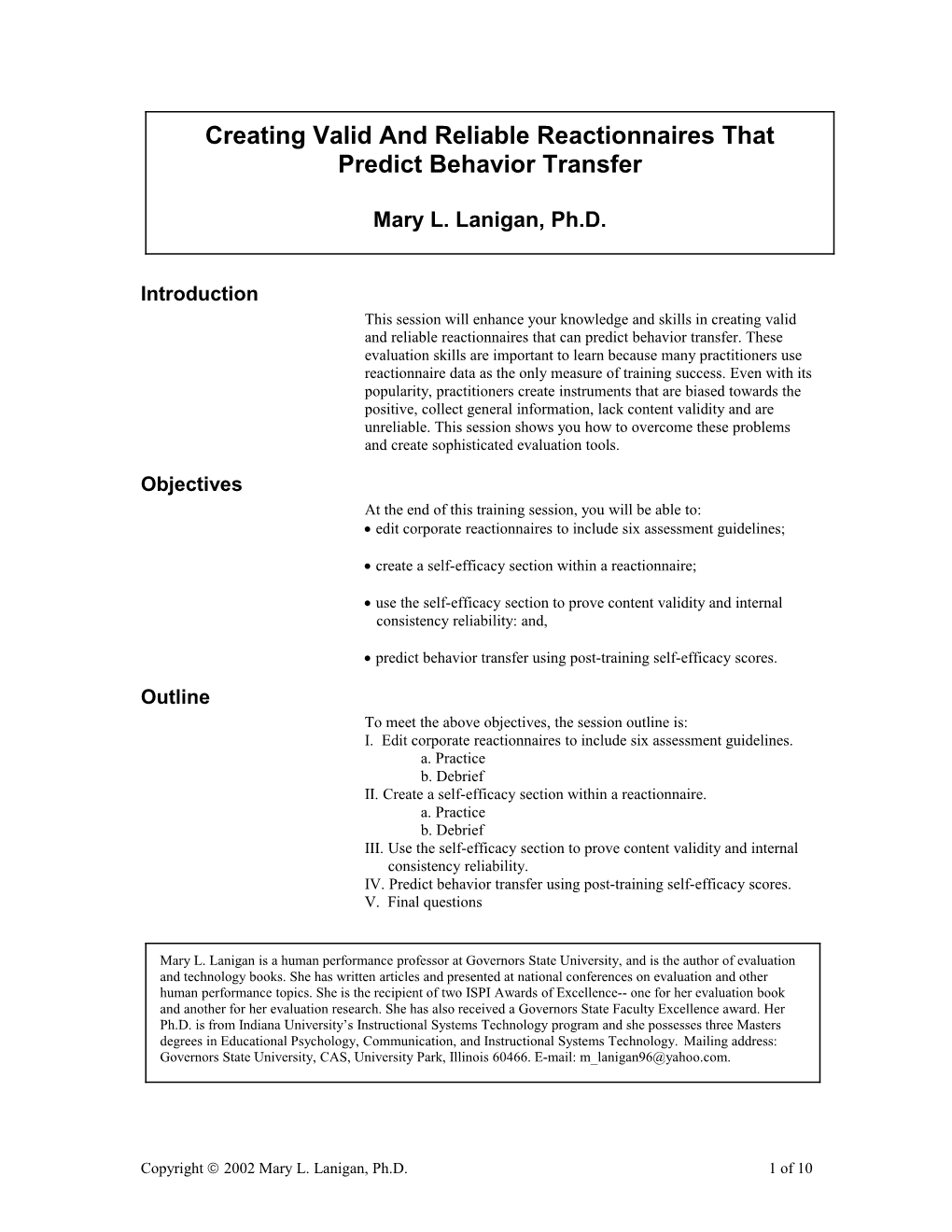 Creating Valid and Reliable Reactionnaires That Predict Behavior Transfer