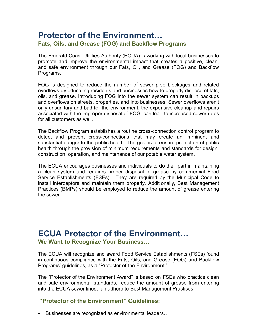 ECUA Protector of the Environment Fats, Oils, and Grease (FOG) and Backflow Programs