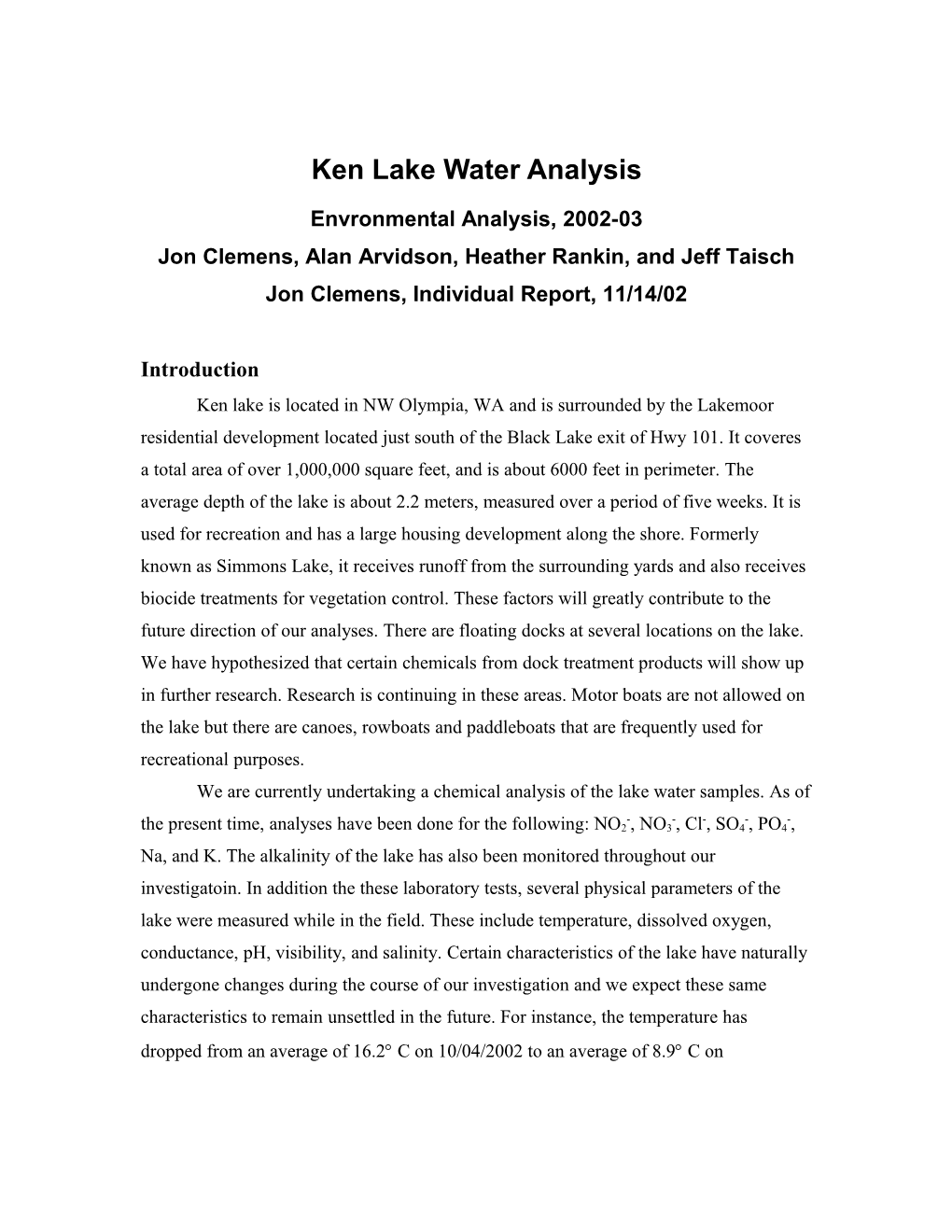 Atomic Absorption Analysis of Ken Lake Water