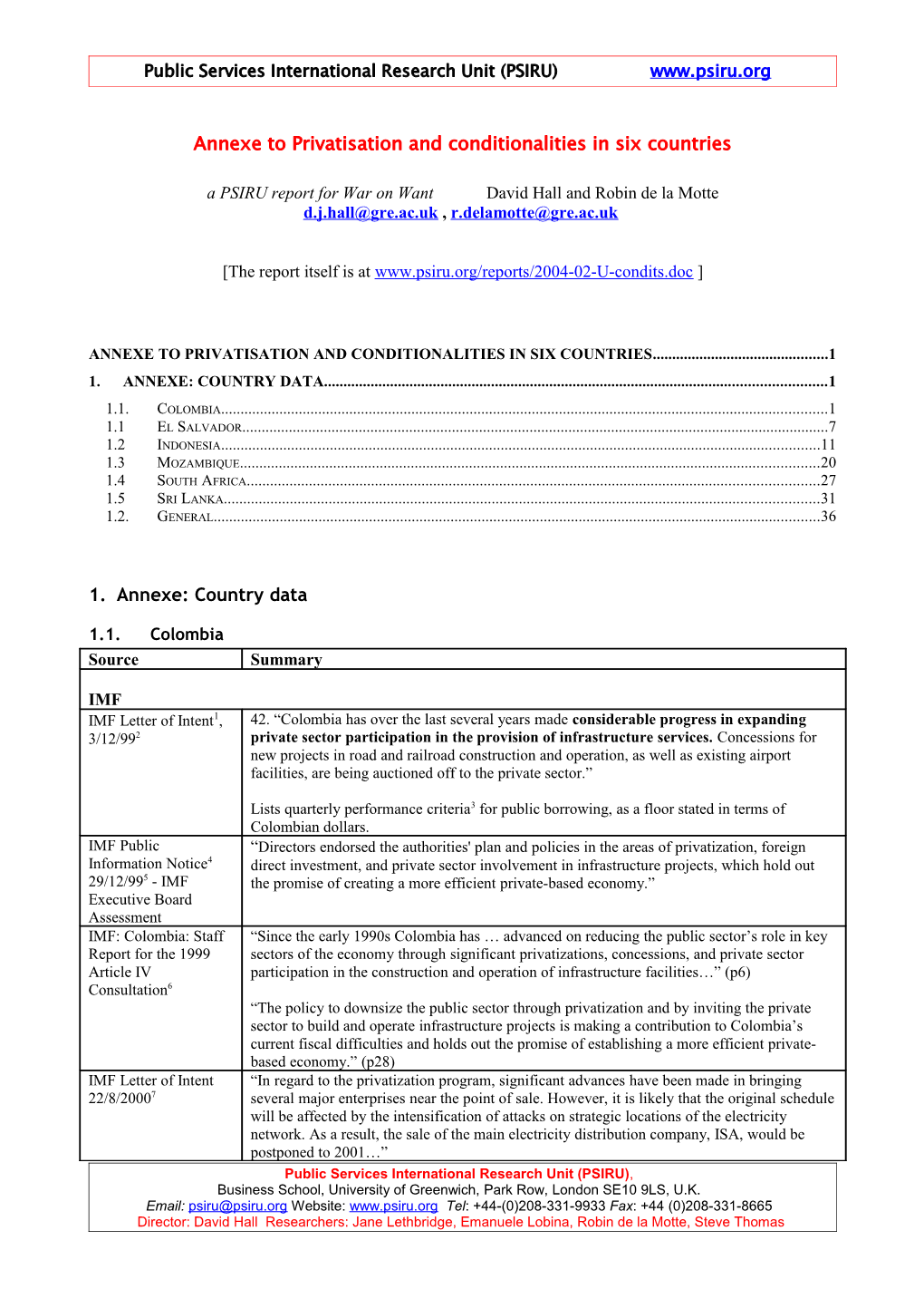 Annexe to Privatisation and Conditionalities in Six Countries