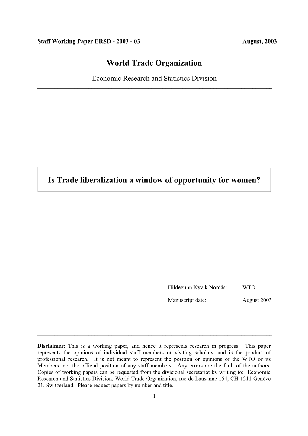 Gender Dimensions of Multilateral Trade