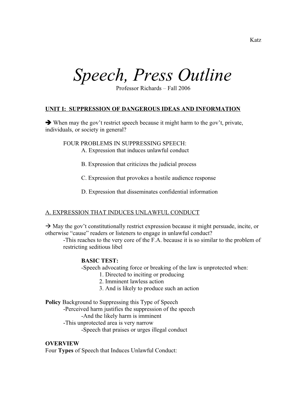 Speech, Press Outline