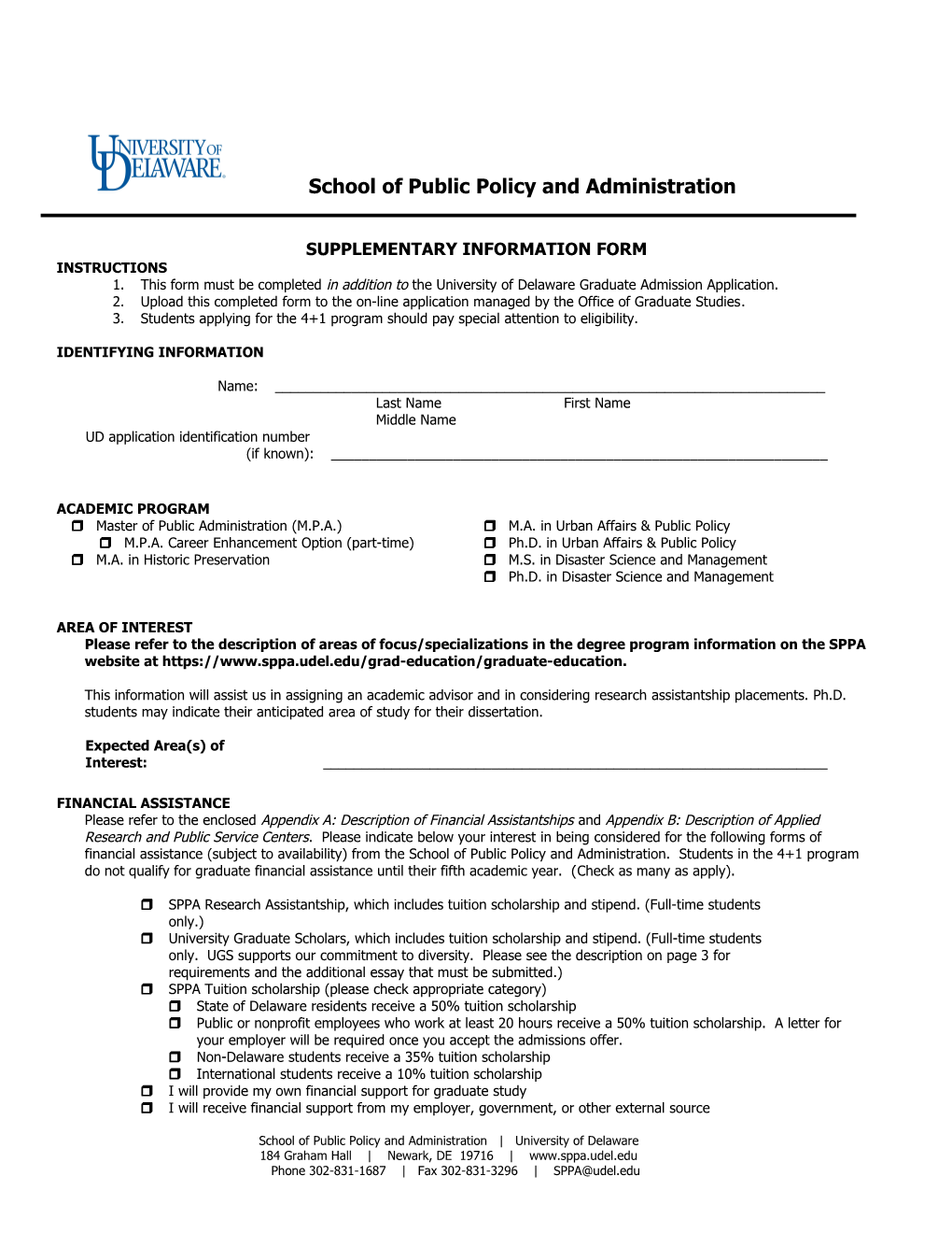 Supplementary Information Form for Graduate Applications