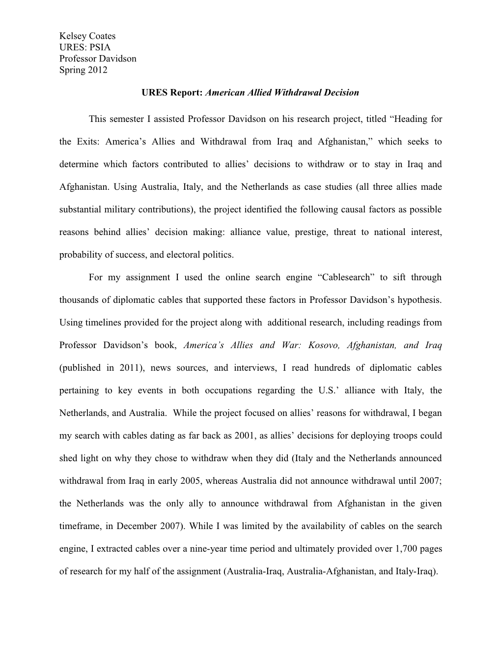 URES Report: American Allied Withdrawal Decision