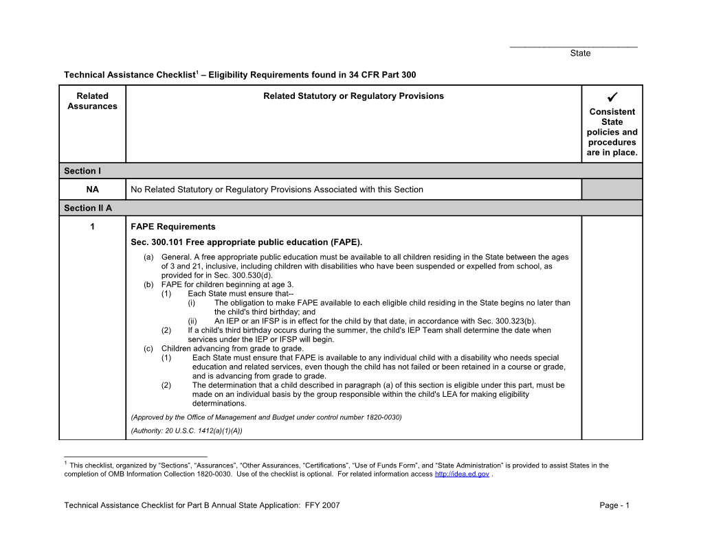 Technical Assistance Checklist Eligibility Requirements Found in 34 CFR Part 300 (MS Word)