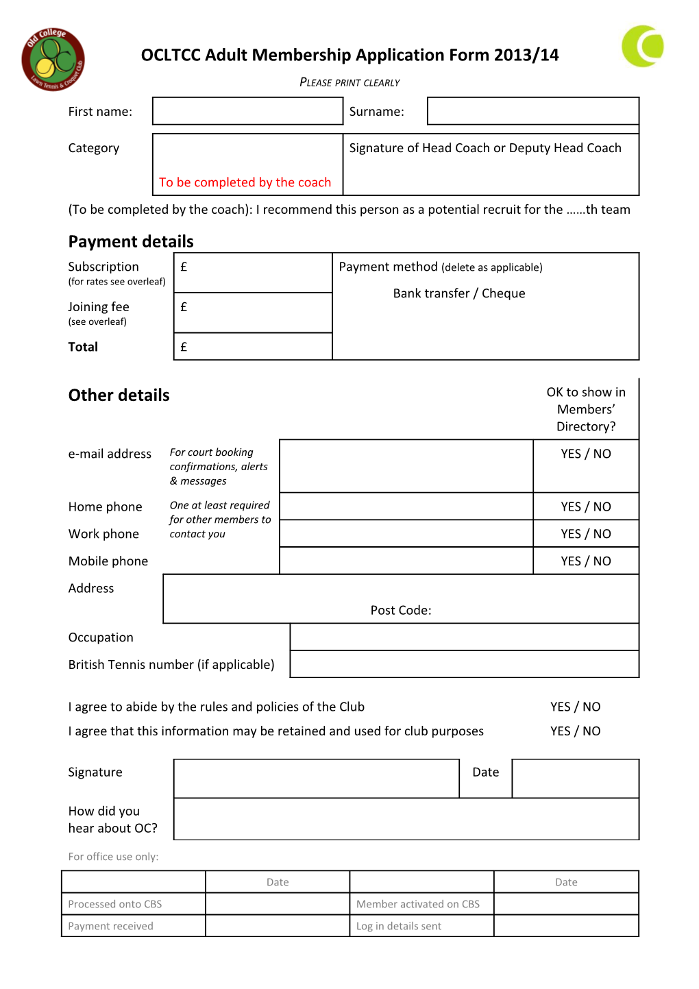 OCLT &CC Child Membership Renewal Information Form 2013/14