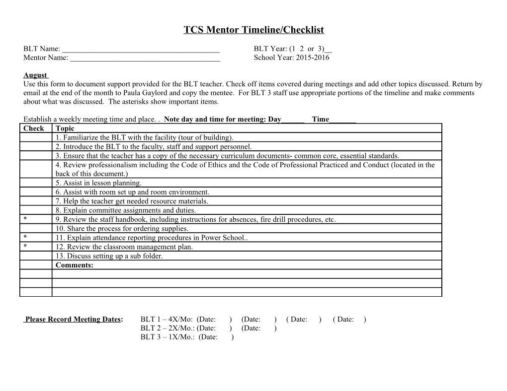 Buddy Timeline /Checklist