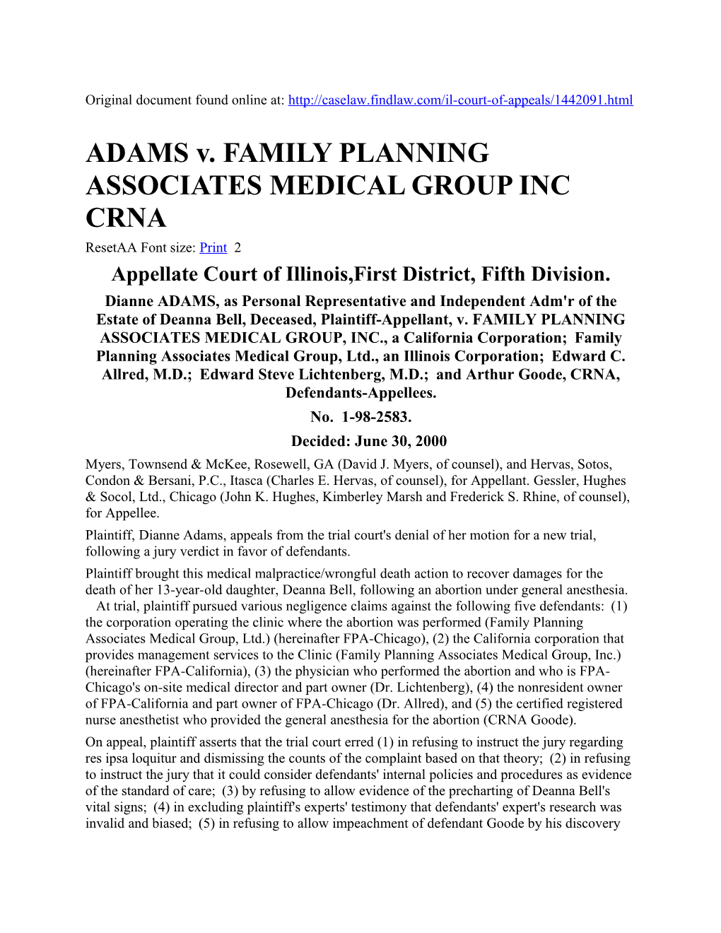 ADAMS V. FAMILY PLANNING ASSOCIATES MEDICAL GROUP INC CRNA