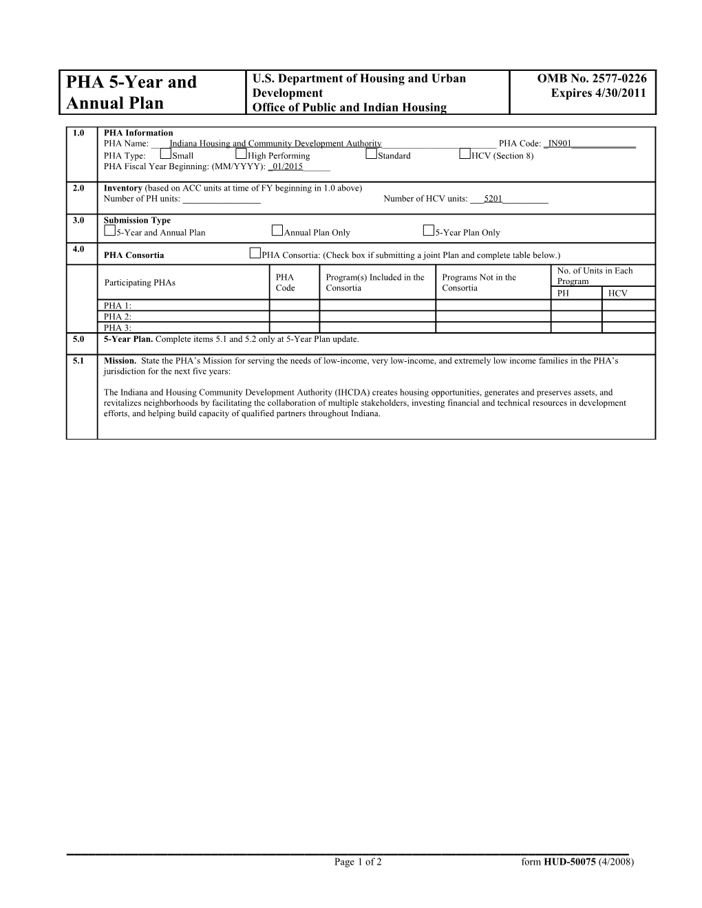 Page 1Of 2 Form HUD-50075 (4/2008)