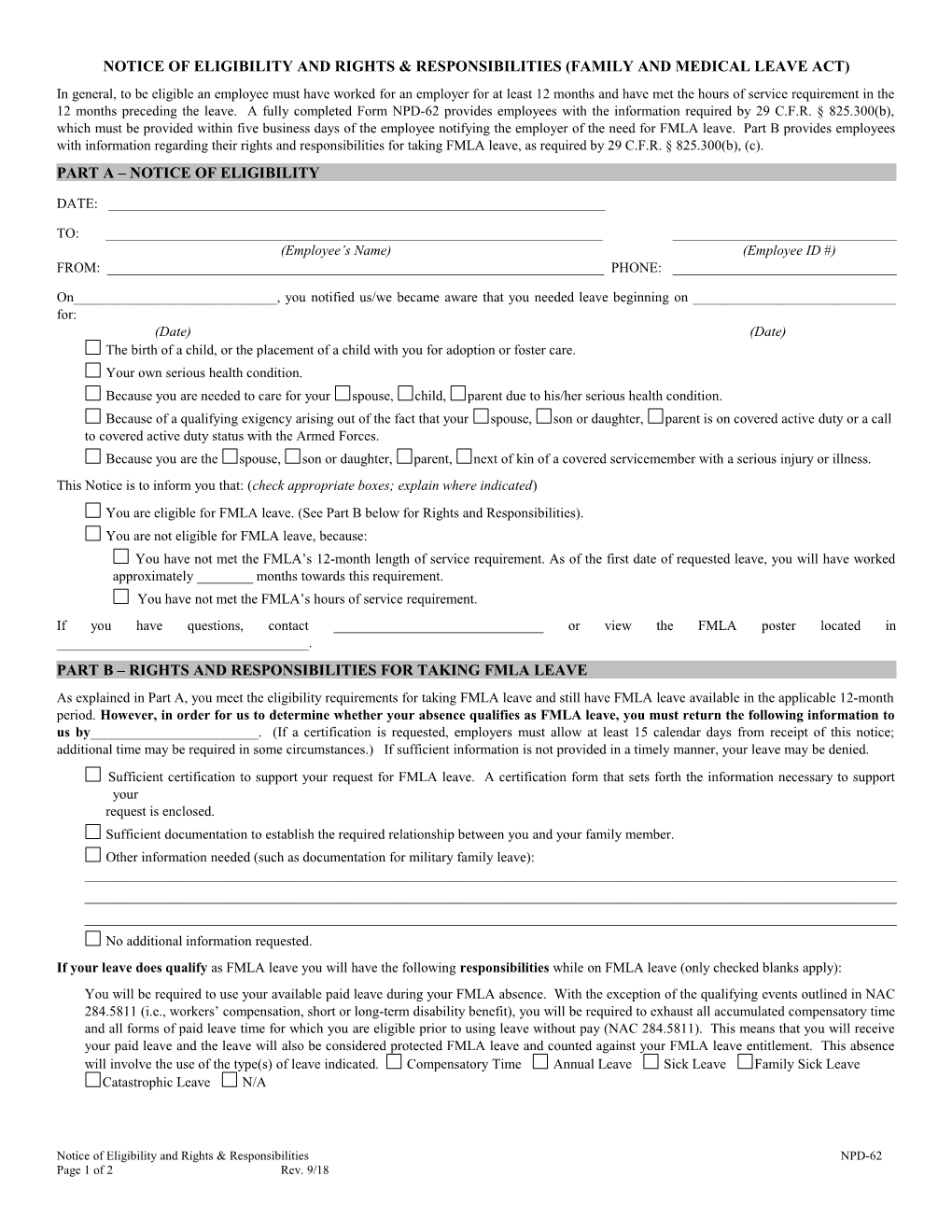 Notice of Eligibility and Rights & Responsibilities (Family and Medical Leave Act)