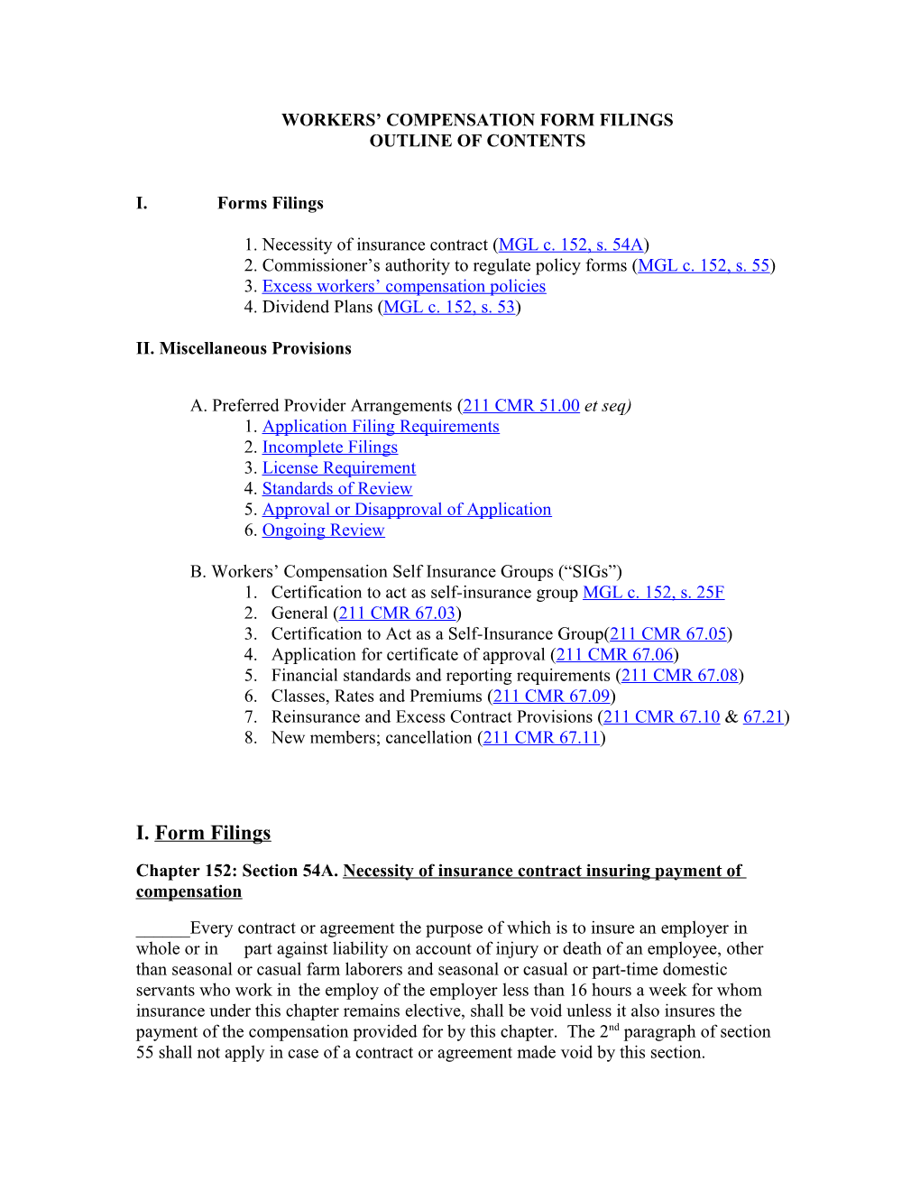 Workers Compensation Form Filings Outline of Contents