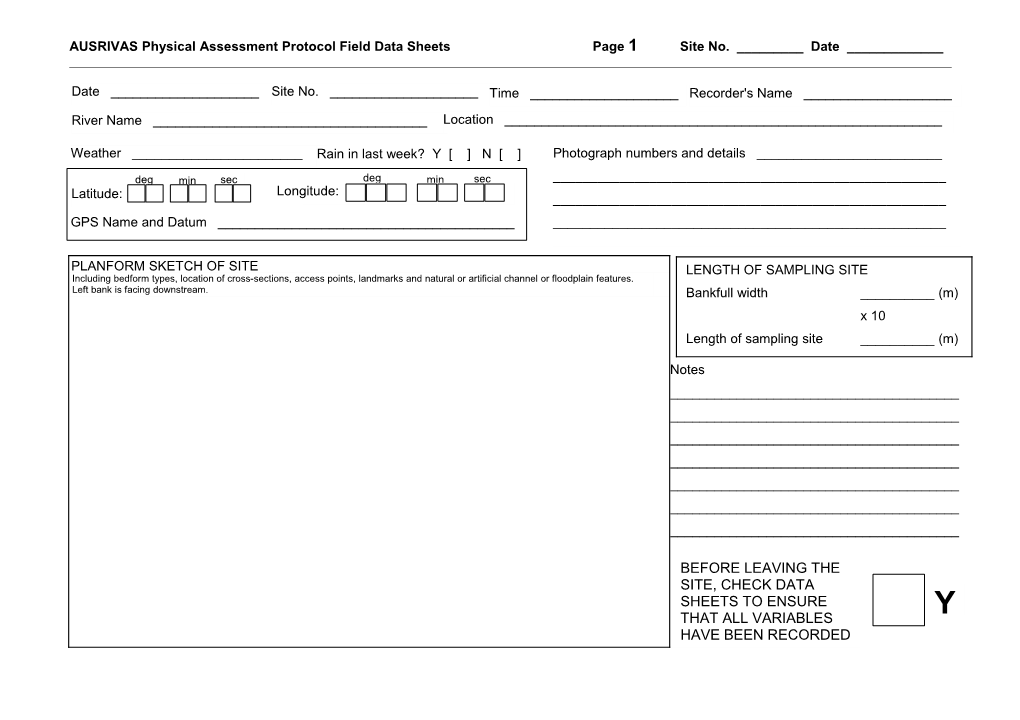 Ausrivas Physical Assessment Protocol: 4.2 Field Data Sheets