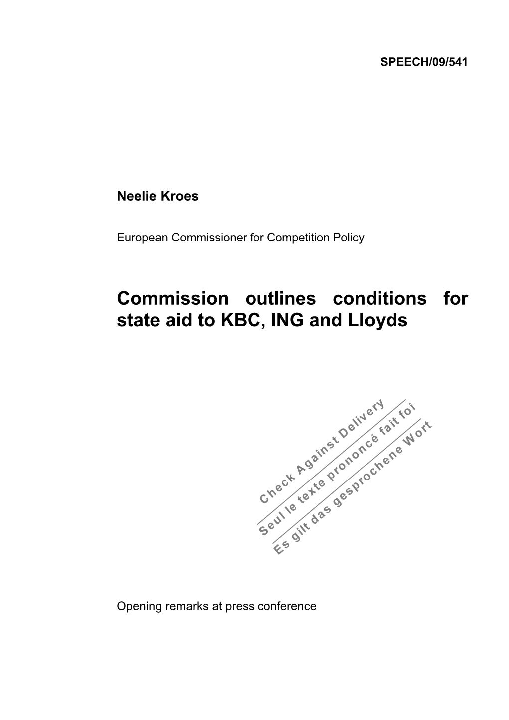 Commission Outlines Conditions for State Aid to KBC,ING and Lloyds