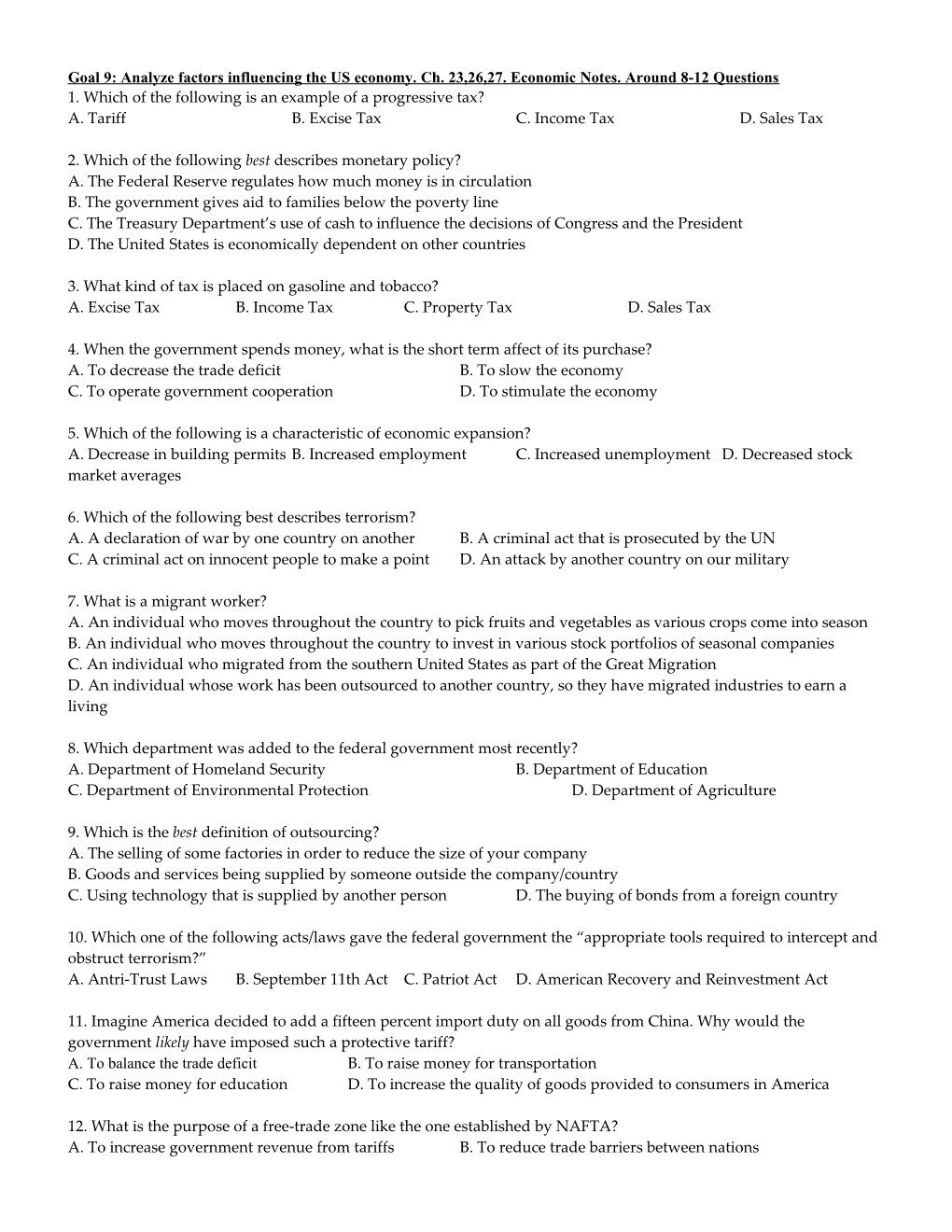 Goal 9: Analyze Factors Influencing the US Economy