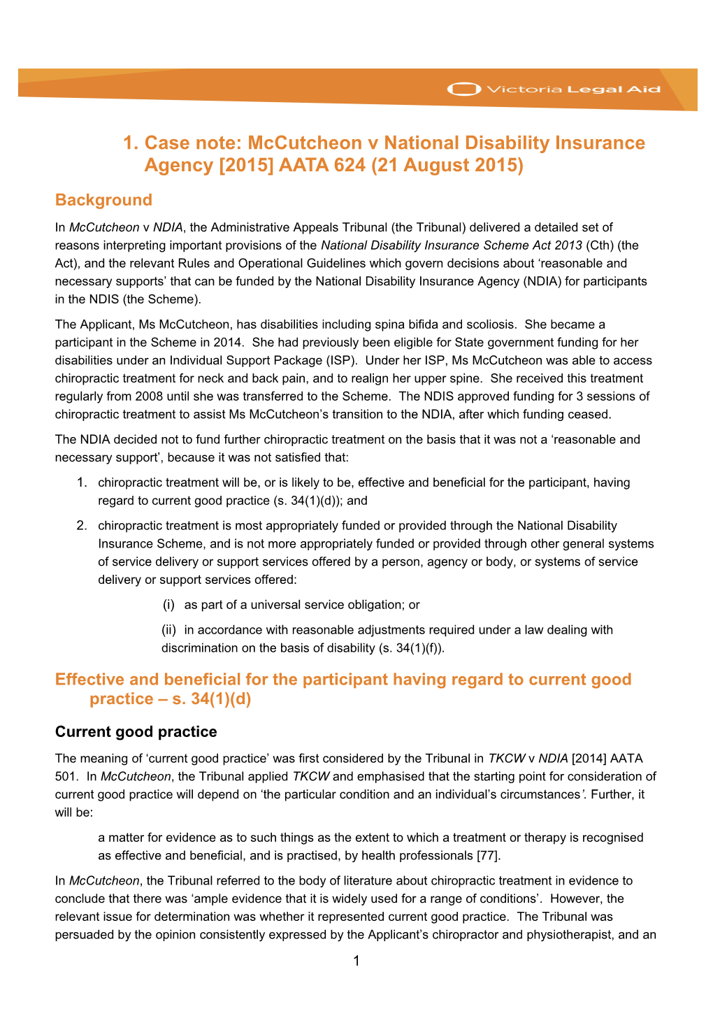 Factsheet Genericcase Note: Mccutcheon V National Disability Insurance Agency 2015 AATA