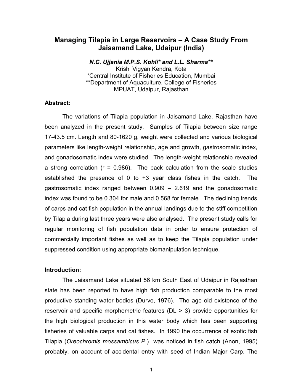 Managing Tilapia in Large Reservoirs a Case Study from Jaisamand Lake