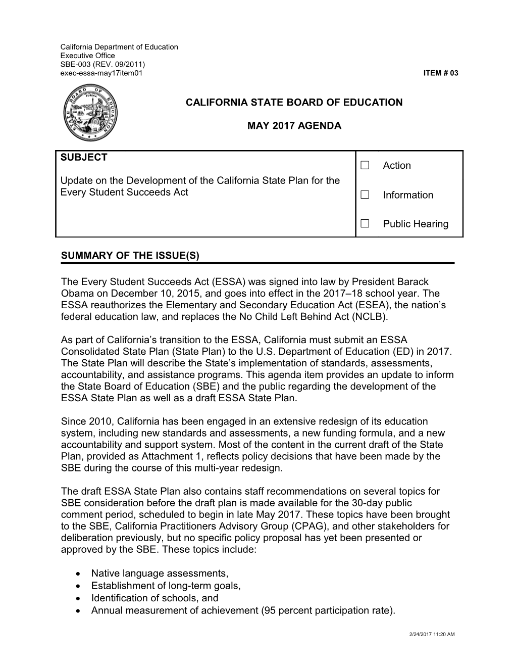 May 2017 Agenda Item 03 - Meeting Agendas (CA State Board of Education)