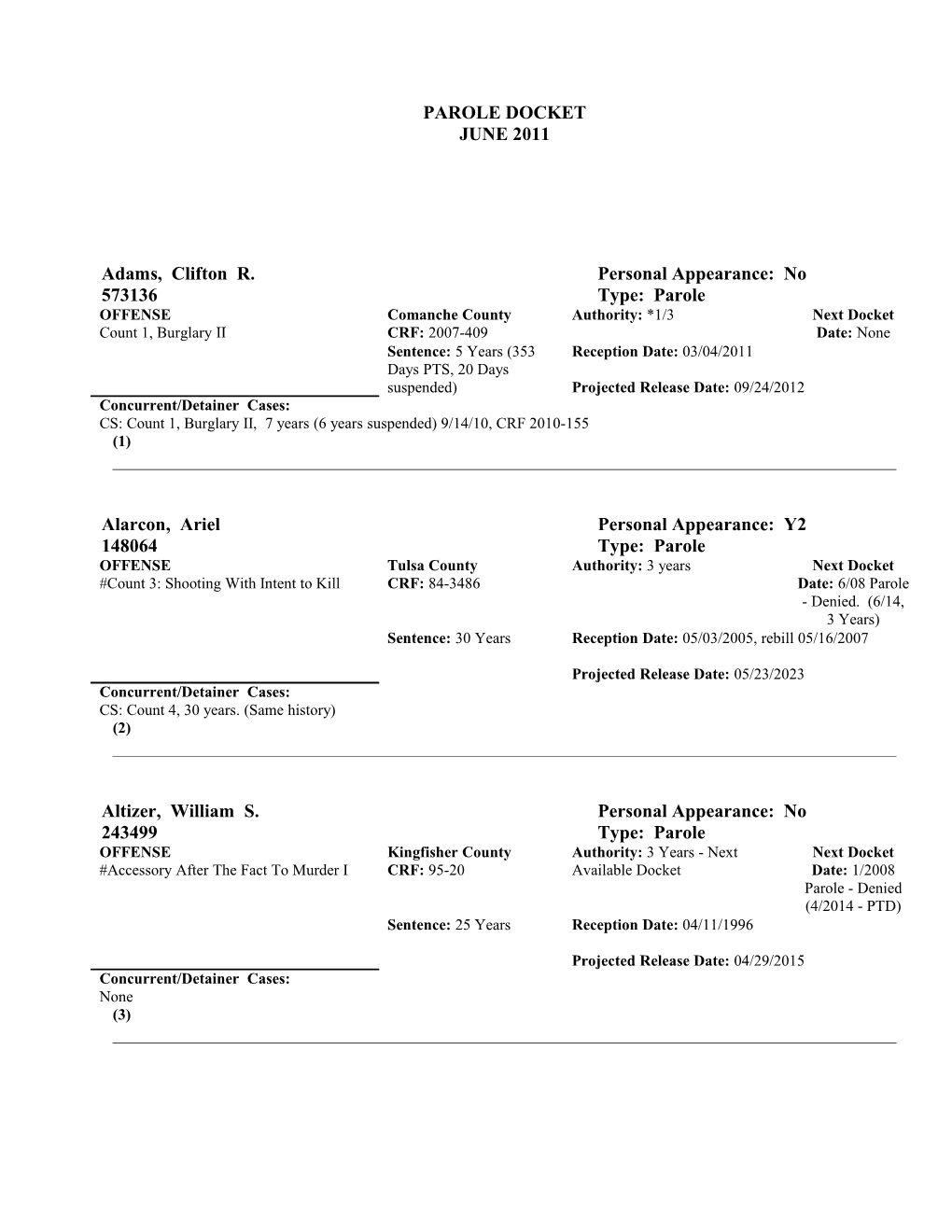 Adams, Clifton R.Personal Appearance: No