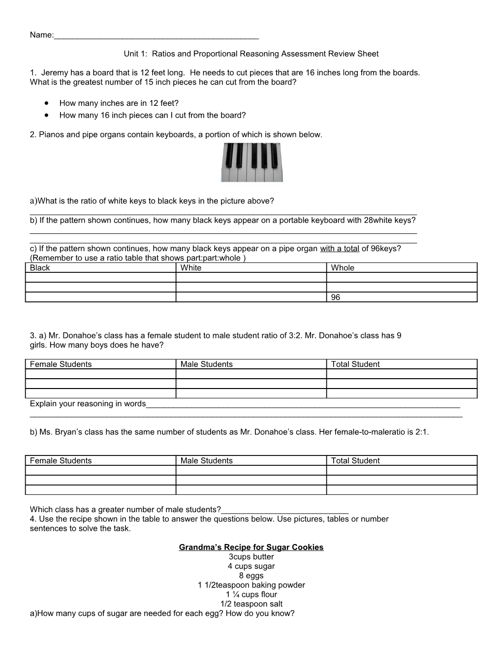 Unit 1: Ratios and Proportional Reasoning Assessment Review Sheet