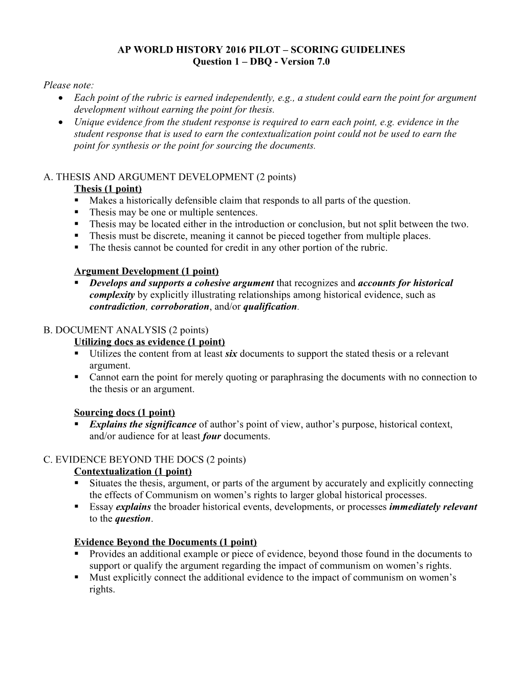 Ap World History 2016 Pilot Scoring Guidelines