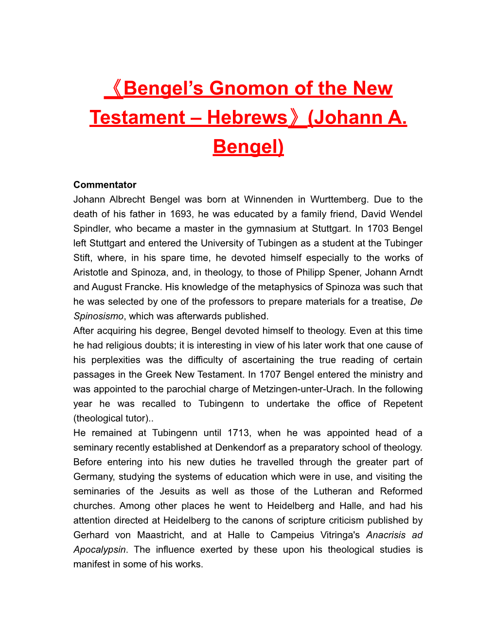 Bengel S Gnomonofthe New Testament Hebrews (Johann A. Bengel)