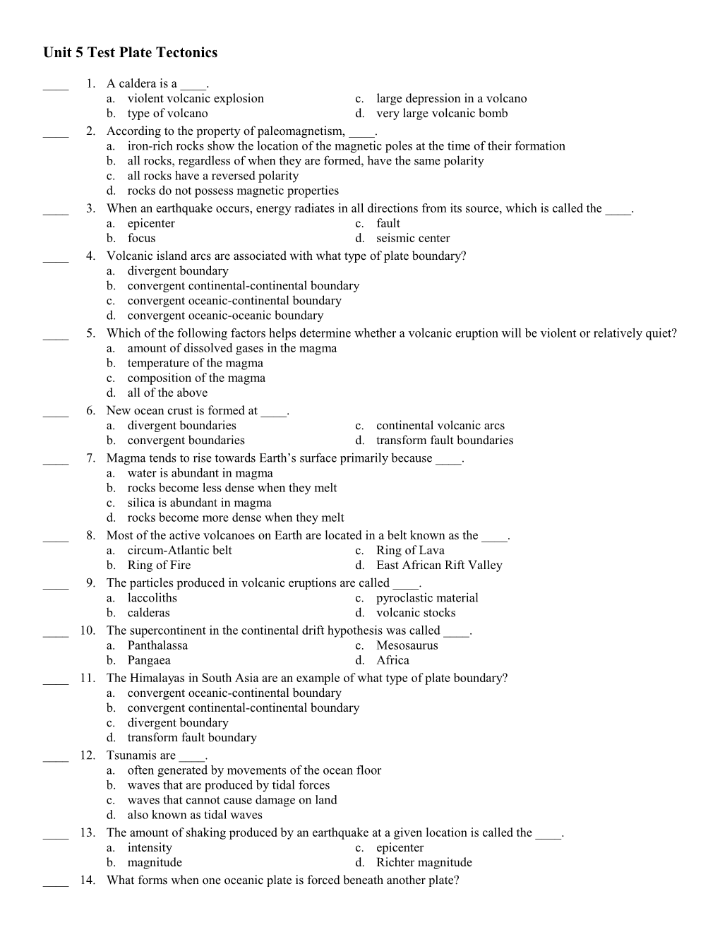 Unit 5 Test Plate Tectonics