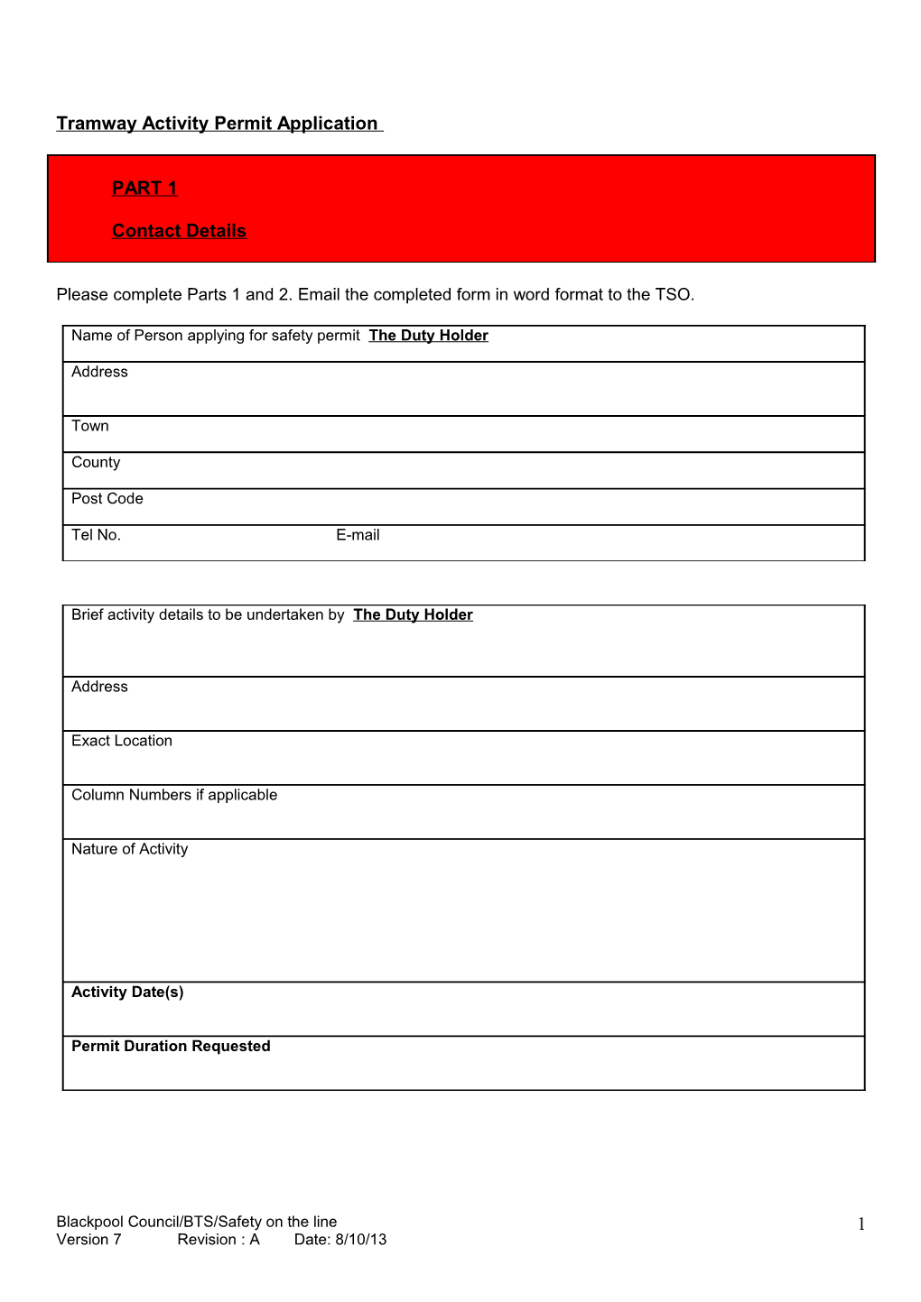 Tramway Activity Permit Application
