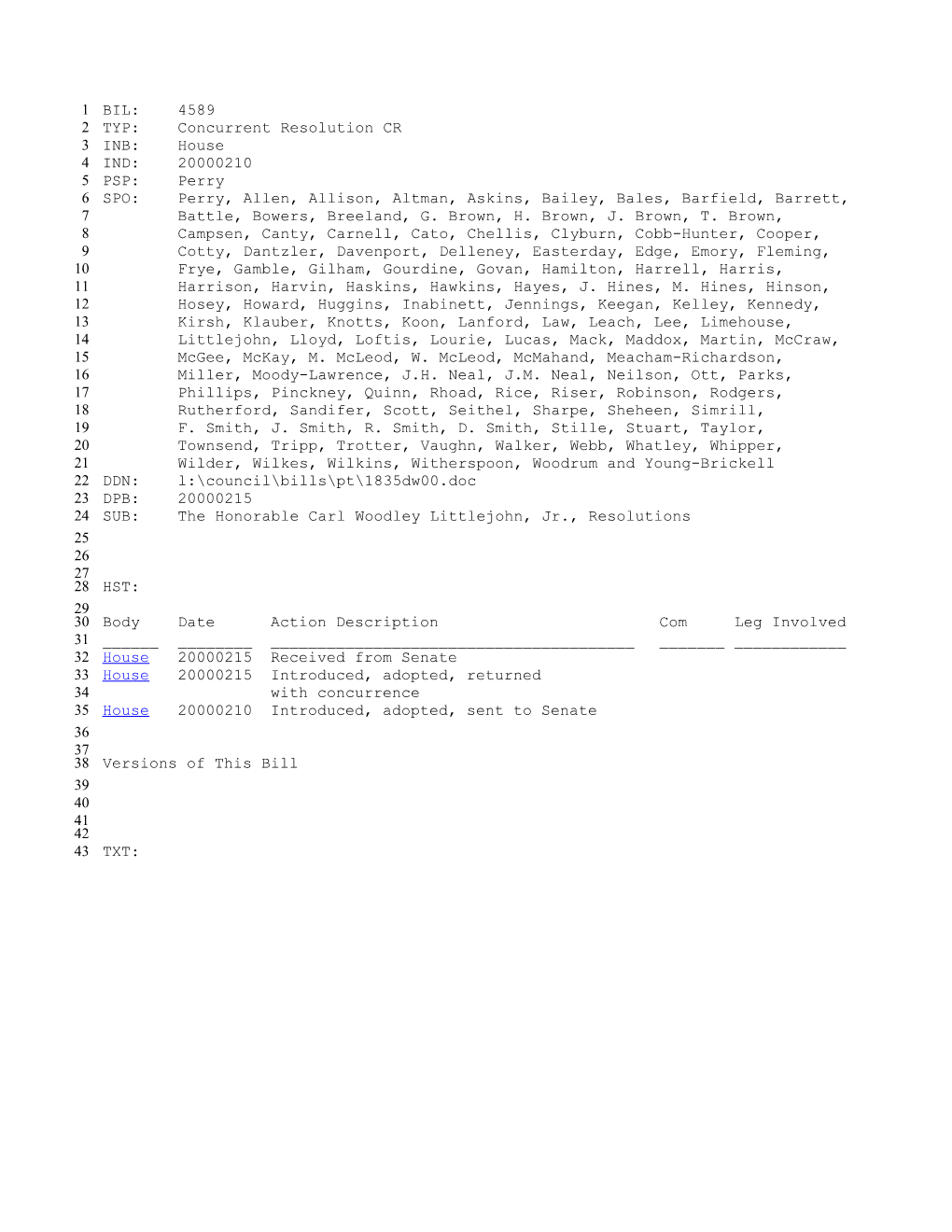 1999-2000 Bill 4589: the Honorable Carl Woodley Littlejohn, Jr., Resolutions - South Carolina