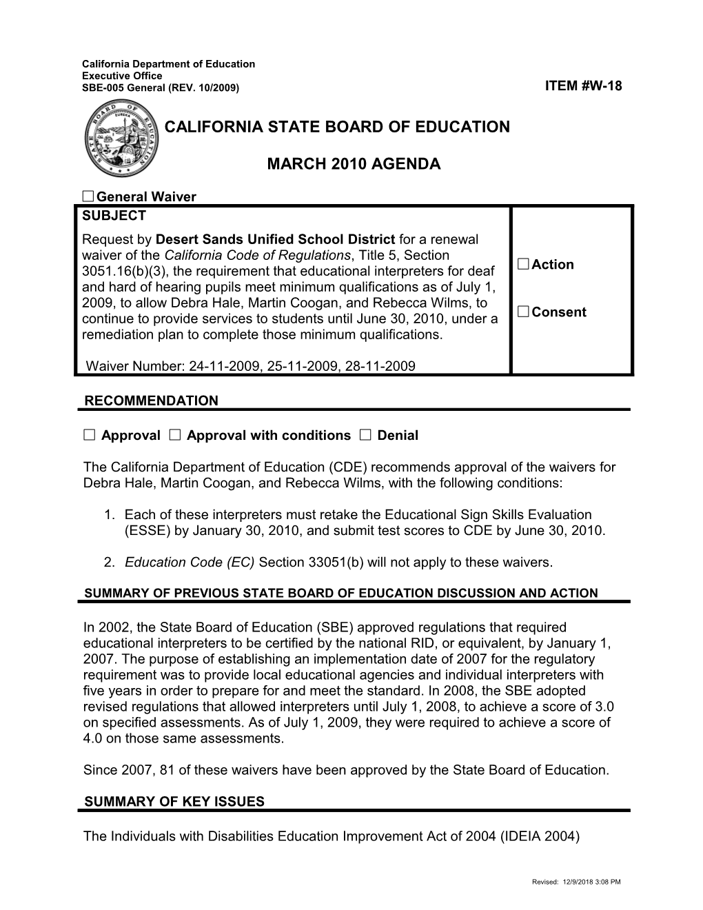March 2010 Waiver Item W18 - Meeting Agendas (CA State Board of Education)