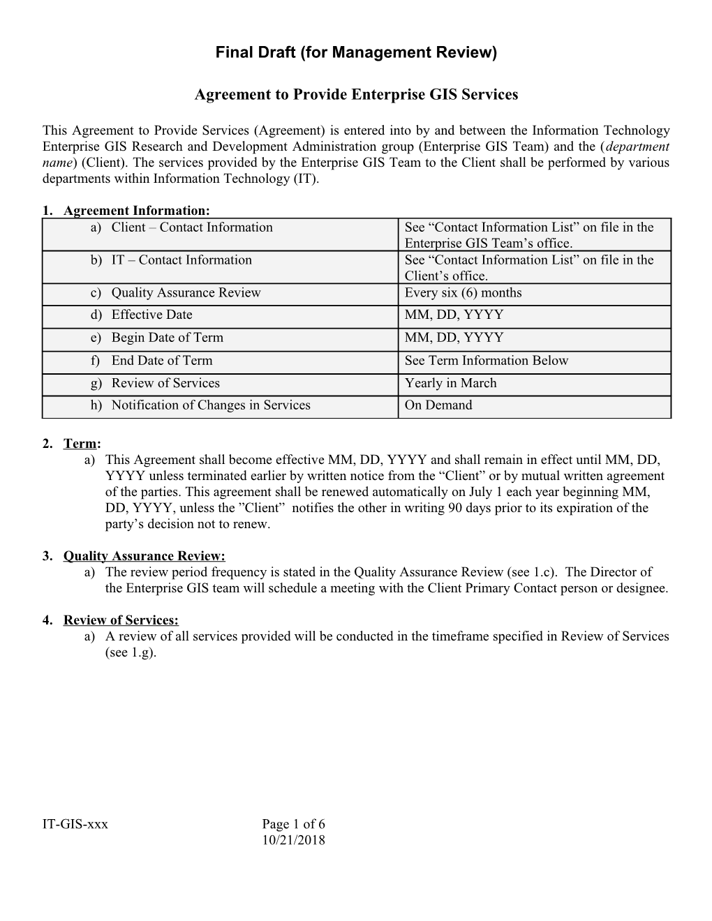 Service Level Agreement (SLA) Between IS&C and NAS Storage