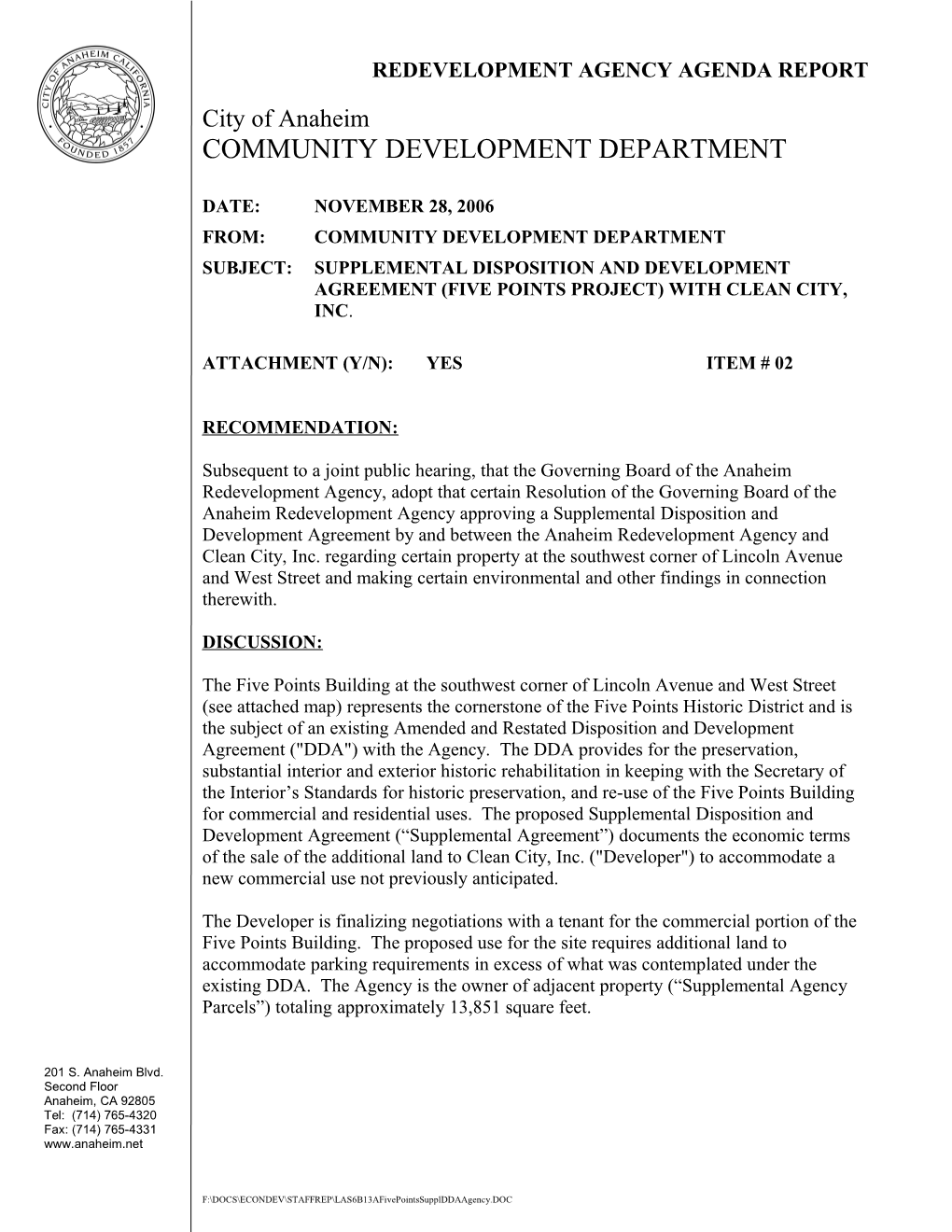 Redevelopment Agency Agenda Report