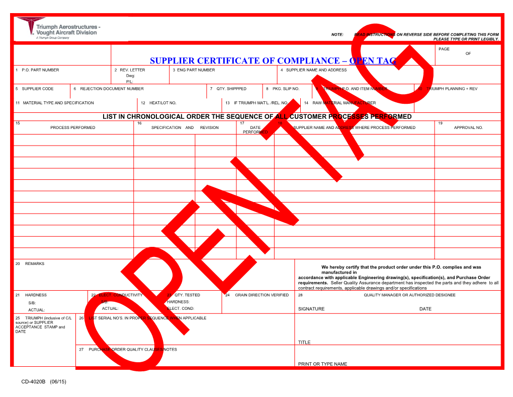 Supplier Certificate of Compliance Open Tag